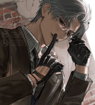 1boy adjusting_eyewear black_gloves black_necktie brick_wall brown_jacket collarbone finger_to_mouth glasses gloves grey_hair highres jacket looking_at_viewer love_and_deepspace male_focus necktie osaki_iyo parted_lips red_eyes shirt short_hair smile solo striped_clothes striped_shirt sylus_(love_and_deepspace) twitter_username upper_body