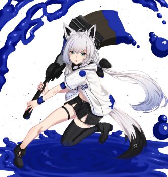 1girl absurdres animal_ears aqua_eyes black_shoes black_shorts black_thighhighs commentary_request fox_ears fox_girl fox_tail highres holding holding_paintbrush hololive hood hoodie kuwahara_taiki long_hair nintendo paintbrush ponytail shirakami_fubuki shirakami_fubuki_(1st_costume) shoes shorts single_thighhigh solo splatoon_(series) splatoon_2 tail thigh_strap thighhighs virtual_youtuber white_hair white_hoodie