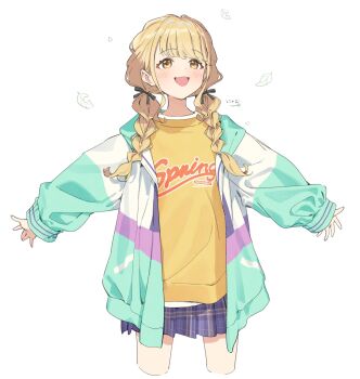1girl blonde_hair blue_skirt blush braid commentary_request cropped_legs fujita_kotone gakuen_idolmaster highres idolmaster jacket long_hair looking_up nyum open_clothes open_jacket open_mouth plaid_clothes plaid_skirt shirt simple_background skirt solo twin_braids white_background yellow_eyes yellow_shirt