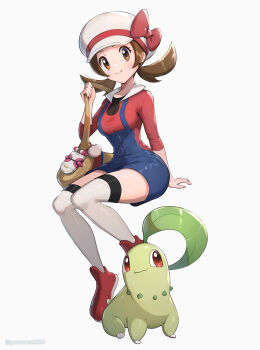 1girl absurdres bag black_thighhighs blue_overalls blush bow breasts brown_eyes brown_hair chikorita commentary_request gen_2_pokemon gonzarez hat highres invisible_chair leaf long_hair lyra_(pokemon) medium_breasts newsboy_cap nintendo overalls pokegear pokemon pokemon_(creature) pokemon_hgss red_eyes red_shirt red_shoes ribbon shirt shoes short_hair short_twintails simple_background sitting smile thighhighs twintails white_background white_hat yellow_bag