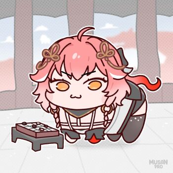 Rule 34 | 1girl, :3, absurdres, ahoge, all fours, board game, changli (wuthering waves), chibi, commentary, doro (nikke), english commentary, go (board game), goddess of victory: nikke, hair ornament, highres, musan pro, pink hair, saitou chiwa, voice actor connection, wuthering waves, yellow eyes