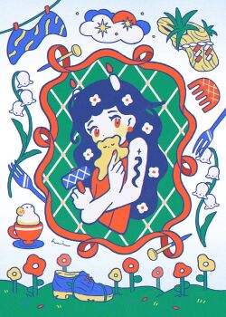 1girl arm_tattoo candle candle_on_head clothes_pin clothesline cloud comb covering_own_mouth cup dot_nose fingernails flower flower_request foam fork hair_flower hair_ornament hammer hasuimo holding holding_hammer looking_at_viewer nail_(hardware) original plate red_eyes red_nails red_shirt ribbon shirt shoes signature single_shoe snake_tattoo solo star_(symbol) tattoo upper_body