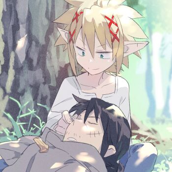 2boys black_hair blonde_hair braid closed_eyes collarbone dasshu_(dashi_now) facial_hair green_eyes grey_cloak hair_between_eyes hair_ornament highres ishuzoku_reviewers lap_pillow male_focus multiple_boys mustache_stubble outdoors parted_lips pointy_ears scar scar_on_face shirt short_hair sitting sleeping stubble stunk tree under_tree white_shirt yaoi zel_(ishuzoku_reviewers)
