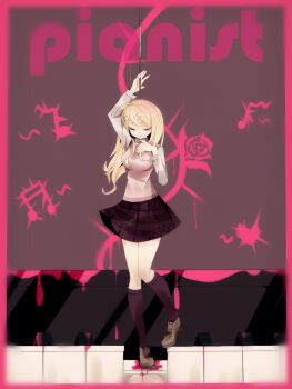 1girl ahoge akamatsu_kaede arm_up blonde_hair blood blood_drip border closed_eyes collared_shirt commentary_request danganronpa_(series) danganronpa_v3:_killing_harmony english_text execution flying535400 fortissimo full_body hair_ornament hand_on_own_chest highres imminent_death kneehighs long_hair long_sleeves musical_note musical_note_hair_ornament musical_note_print necktie on_piano open_mouth pink_blood pink_border pink_sweater_vest pink_vest pleated_skirt rope rope_around_neck school_uniform shirt skirt socks solo spoilers sweater_vest vest white_shirt