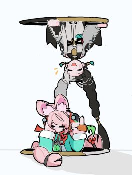 2girls animal_ear_fluff animal_ears black_hair blush braid braided_twintails carrot chinese_clothes closed_eyes commentary dialyn_(zenless_zone_zero) ear_piercing earrings english_commentary furry furry_female green_shirt hair_extensions head_rest highres holding holding_carrot jewelry kba_000 long_hair multicolored_hair multiple_girls necktie notice_lines open_mouth piercing pink_fur pink_hair portal_(object) rabbit_ears rabbit_girl ring_hair_extensions shirt short_eyebrows simple_background split-color_hair thick_eyebrows through_portal upper_body upside-down white_background white_hair yellow_necktie zenless_zone_zero zhao_(zenless_zone_zero)