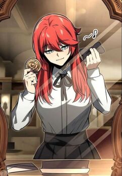 1girl artist_request black_necktie bow bowtie green_eyes indoors long_hair looking_at_mirror lortelle_kecheln mirror necktie non-web_source red_hair shirt solo source_request the_extra's_academy_survival_guide white_shirt