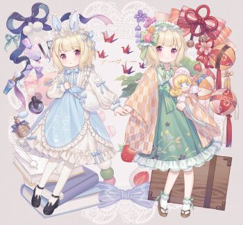 2girls :o animal_ear_footwear animal_ear_hairband animal_ears anklet bag bag_bow black_shoes blonde_hair blue_bow blue_bowtie blue_ribbon blue_skirt blunt_bangs book book_stack bottle bow bow_legwear bowtie brooch brown_sandals checkered_clothes checkered_jacket cherry_blossoms closed_mouth commentary_request cup_(13636466299) curious dango debbie_(miracle_nikki) doll dot_nose dress dress_bow dress_under_skirt dual_persona eyelashes fake_animal_ears floral_print flower flower_brooch food frilled_dress frilled_hairband frilled_hakama frilled_kimono frilled_skirt frilled_socks frills fruit full_body fur_bag green_bow green_bowtie green_hairband green_hakama green_kimono green_socks grey_background hair_bow hair_flower hair_ornament hair_ribbon hairband hakama hakama_skirt halftone halftone_background haori happy heart high-waist_skirt highres holding holding_bag holding_doll jacket japanese_clothes jewelry kimono lace_background light_blush lolita_fashion lolita_hairband long_sleeves mary_janes medium_dress medium_skirt miracle_nikki multiple_girls nikki_(series) official_alternate_costume okobo orange_jacket origami pantyhose paper_crane parted_lips perfume_bottle pink_eyes pink_flower pink_rose pinstripe_kimono pinstripe_pattern platform_sandals print_hakama puffy_long_sleeves puffy_sleeves rabbit_ear_hairband rabbit_ears rabbit_sweet_(miracle_nikki) ribbon rose sandals sanshoku_dango shoes short_hair short_kimono shoulder_bag skirt sleeve_bow sleeves_past_wrists smile socks standing strawberry strawberry_slice striped_bow suitcase tabi two-tone_background wa_lolita wagashi waist_bow white_background white_bag white_dress white_pantyhose wide_sleeves wrist_bow yellow_flower yellow_rose