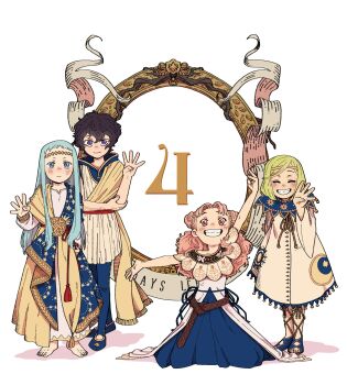 Rule 34 | absurdres, agott arklaum (tongari boushi no atelier), belt, blue dress, blue eyes, blue hair, blue pants, blue shoes, blush, cape, coco (tongari boushi no atelier), countdown, curly hair, double bun, dress, full body, green hair, grin, hair bun, headband, highres, hood, kneeling, long hair, multiple girls, pants, pink eyes, pink hair, purple eyes, purple hair, ribbon, richeh (tongari boushi no atelier), robe, shoes, short hair, short twintails, simple background, smile, standing, teeth, tetia (tongari boushi no atelier), tongari boushi no atelier, twintails, vandoesart, white background, white dress