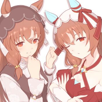 2girls animal_ears bow breasts brown_dress brown_hair brown_veil closed_mouth commentary_request dress dual_persona ear_covers ear_ribbon ears_through_headwear hair_between_eyes hair_ribbon hands_up highres horse_ears horse_girl mitsuno multicolored_hair multiple_girls one_eye_closed open_mouth red_dress red_eyes red_ribbon ribbon simple_background small_breasts still_in_love_(casual)_(umamusume) still_in_love_(scarlet_vow_raiment)_(umamusume) still_in_love_(umamusume) streaked_hair umamusume upper_body veil white_streaks white_veil
