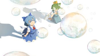 2girls absurdres ahoge aqua_skirt aqua_vest ascot barefoot blue_bow blue_dress blue_hair bow bubble_pipe cirno closed_eyes commentary daiyousei detached_wings dress fairy fairy_wings green_hair hair_bow highres hyoutan_tan ice ice_wings kneeling looking_at_object looking_up multiple_girls multiple_wings pinafore_dress ponytail red_ascot shadow shirt short_sleeves skirt skirt_set sleeveless sleeveless_dress soap_bubbles standing touhou vest white_shirt wings yellow_ascot yellow_bow