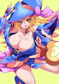 1girl blonde_hair blue_dress blush breasts cleavage collarbone commentary_request dark_magician_girl dress duel_monster green_eyes hair_between_eyes hat highres holding holding_wand kamo_(riverside_kamo) large_breasts long_hair looking_at_viewer open_mouth smile wand wizard_hat yu-gi-oh!