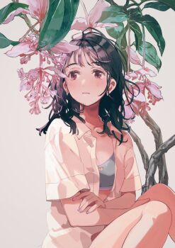 Rule 34 | 1girl, black hair, blush, bra, breasts, brown eyes, cleavage, closed mouth, collarbone, earrings, flower, fly (marguerite), highres, jewelry, long hair, medium breasts, mole, mole on cheek, open clothes, original, plant, shirt, short sleeves, simple background, solo, underwear, white shirt