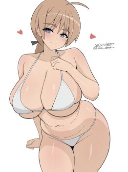 1girl absurdres ahoge bikini blue_eyes blush braid braided_ponytail breasts brown_hair cleavage closed_mouth dated heart highres large_breasts long_hair looking_at_viewer lynette_bishop navel plump signature simple_background skindentation smile solo strike_witches swimsuit unkai_daraku white_background white_bikini world_witches_series