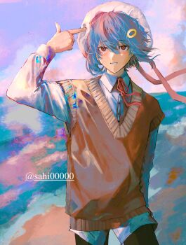 1boy blue_hair blue_sky brown_eyes brown_sweater_vest cloud commentary cowboy_shot day finger_gun finger_gun_to_head hair_between_eyes hair_ornament hat highres long_sleeves looking_at_viewer male_focus neck_ribbon original outdoors red_ribbon ribbon sahi00000 shirt short_hair sky smile solo sweater_vest symbol-only_commentary white_hat white_shirt