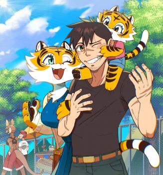 3boys 3girls :d animal_ears animal_print aura_(drawligator) belt black_shirt black_sports_bra blue_dress blue_eyes blue_pants blue_shorts body_fur brown_eyes drawligator dress earrings family fang furry furry_female furry_with_non-furry hetero highres hot_dog interspecies jewelry kangaroo_ears kangaroo_girl multiple_boys multiple_girls one_eye_closed open_mouth original outdoors pants park pink_shirt red_hair red_shorts scar scar_on_face shirt short_sleeves shorts smile soles sports_bra tail tiger_ears tiger_girl tiger_print tiger_tail tomboy tree umbrella