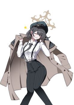 1girl absurdres black_eyes black_hair black_necktie black_pants blue_archive breasts brown_coat brown_halo coat days_(user_zehd4554) diagonal-striped_clothes diagonal-striped_necktie green_hat halo hat high-waist_pants highres hiromi_(blue_archive) looking_at_viewer medium_breasts necktie one_eye_closed pants peaked_cap shirt short_hair smile solo striped_clothes striped_pants vertical-striped_clothes vertical-striped_pants white_shirt