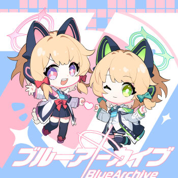 2girls :d absurdres animal_ear_headphones animal_ears black_boots black_shorts black_skirt black_thighhighs blonde_hair blue_archive blue_background blue_necktie boots bow bright_pupils buttons cat_ear_headphones cat_ears chibi chibi_only chinese_commentary closed_mouth collared_shirt commentary copyright_logo copyright_name fake_animal_ears frilled_jacket frills full_body green_bow green_eyes green_halo green_jacket hair_bow halo headphones heart heart_hands heart_hands_duo heart_in_heart_hands highres jacket logo long_sleeves looking_at_viewer low-tied_sidelocks midori_(blue_archive) momoi_(blue_archive) multicolored_jacket multiple_girls necktie og-pogg one_eye_closed open_clothes open_jacket open_mouth outstretched_arm parted_bangs pink_background pink_boots pink_eyes pink_halo pink_jacket pleated_skirt red_bow school_uniform shirt short_hair shorts siblings sidelocks sisters skirt smile sparkle suspender_skirt suspenders teeth thighhighs three-toned_background twins unbuttoned untucked_shirt upper_teeth_only v-shaped_eyebrows white_background white_jacket white_pupils white_shirt