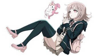 1girl animal_hood backpack bag black_thighhighs blunt_bangs brown_hair cat_hood collared_shirt commentary danganronpa_(series) danganronpa_2:_goodbye_despair eyelashes flipped_hair from_side full_body green_jacket hair_ornament hands_up highres hood hood_down hooded_jacket jacket knees_up legs mary_janes medium_hair miniskirt monomi_(danganronpa) nanami_chiaki neck_ribbon open_clothes open_jacket own_hands_together parted_lips pink_bag pink_eyes pink_ribbon pink_shoes pleated_skirt ribbon ringed_eyes shirt shoes simple_background sitting skirt sleeves_past_wrists solo steepled_fingers thighhighs thighs upskirt velvet_hour white_background white_shirt yellow_skirt zettai_ryouiki