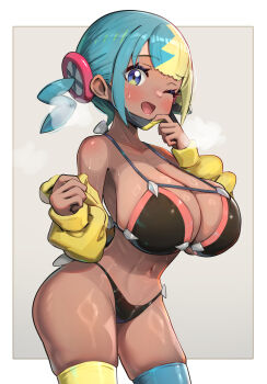 1girl absurdres alternate_costume aqua_hair arm_under_breasts bikini black_bikini blonde_hair blue_eyes blue_sky blush breasts canari_(pokemon) closed_mouth dark_skin gonzarez highres jacket large_breasts lightning_bolt_ornament multicolored_hair navel nintendo outdoors pokemon pokemon_legends:_z-a short_twintails sky smile solo split-color_hair stomach strap_gap swimsuit twintails two-tone_hair viewfinder yellow_nails