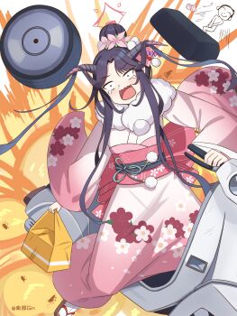 Rule 34 | 1boy, 1girl, absurdres, black hair, blue archive, commentary request, demon horns, doodle sensei (blue archive), floral print, floral print kimono, flower, fuuka (blue archive), fuuka (new year) (blue archive), hair bun, hair flower, hair on horn, hair ornament, highres, horns, japanese clothes, kimono, long hair, motor vehicle, nanbugin, obi, official alternate costume, official alternate hairstyle, pink kimono, print kimono, sash, scooter, sensei (blue archive), wide sleeves