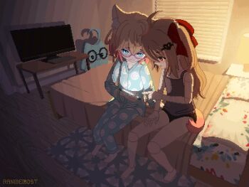 2girls ahoge animal_ear_fluff animal_ears backlighting barefoot blonde_hair blue_eyes blue_pajamas broken_heart broken_heart_hair_ornament brown_hair camisole cat_ears cat_girl cat_tail closed_mouth commentary english_commentary evil_neuro-sama from_above from_side gradient_hair grey_camisole hair_ribbon heart holding holding_phone indie_virtual_youtuber indoors joints long_hair long_sleeves minikomew multicolored_hair multiple_girls neuro-sama open_mouth pajamas phone pink_hair pixel_art rangelost red_eyes red_ribbon ribbon robot_girl robot_joints sitting table tail television two_side_up vedal_ai virtual_youtuber