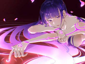 1girl back bare_shoulders blunt_bangs body_markings breasts commentary_request genshin_impact glowing glowing_hair glowing_markings glowing_tattoo gradient_hair hair_down hair_over_breasts large_breasts long_hair looking_at_viewer looking_to_the_side lying mitsudomoe_(shape) mole mole_under_eye multicolored_hair nude omame_(kana2) on_stomach parted_lips pink_lips purple_eyes purple_hair raiden_shogun red_background ripples shade sideboob solo tattoo tomoe_(symbol) upper_body water