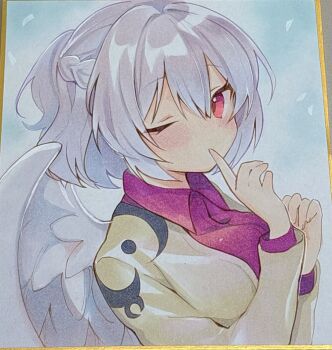 1girl braid brown_jacket collared_shirt commentary_request feathered_wings grey_hair hair_between_eyes half_up_braid highres jacket kishin_sagume long_sleeves looking_at_viewer moni_monico purple_shirt red_eyes shikishi shirt short_hair single_wing solo touhou traditional_media upper_body wings