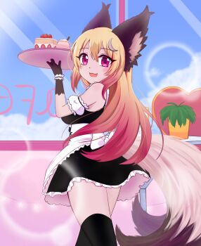 Rule 34 | 1girl, :d, alternate costume, animal ear fluff, animal ears, apron, black dress, blonde hair, cake, cake slice, commentary, cowboy shot, crescent, crescent hair ornament, cup, dress, english commentary, food, frilled apron, frills, fruit, gradient hair, hair between eyes, hair ornament, highres, holding, holding tray, looking at viewer, luna (wolfychu), maid, maid apron, mug, multicolored hair, multiple tails, open mouth, original, pink eyes, plant, potted plant, single bare shoulder, smile, solo, strawberry, strawberry shortcake, tail, thick eyelashes, thighhighs, tray, two tails, waist apron, whipped cream, white apron, window, wolf ears, wolf girl, wolf tail, wolfychu (artist)