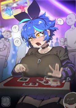 1girl ? ahoge arcade arcade_cabinet black_bow black_choker black_shirt blue_hair blush bow breast_press breasts choker collarbone confused controller dif_(difman) difman earrings fang garter_straps hair_between_eyes hair_bow highres huge_breasts indoors jewelry joystick legs_together light_blue_hair mole mole_on_thigh mole_under_eye motion_blur multicolored_hair multiple_others necklace open_mouth original purple_shirt purple_skirt rimless_eyewear shirt short_hair sitting skirt streaked_hair striped_sleeves sweat thick_thighs thighs video_game yellow_eyes you're_doing_it_wrong