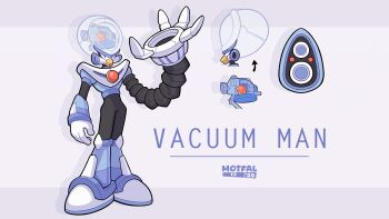 Rule 34 | 1boy, 2025, absurdres, arm cannon, armor, artist name, blue background, character name, commentary, english commentary, exposed internal machinery, full body, furrowed brow, gloves, highres, joints, male focus, mega man: dual override, mega man (classic), mega man (series), mega man robot master design contest, motfal, original, reference sheet, robot, robot joints, simple background, weapon, white gloves