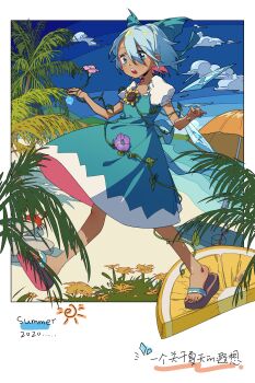 absurdres beach beach_umbrella blue_bow blue_dress blue_eyes blue_hair blue_sky blush bow chestnut_mouth chinese_text cirno cloud crab day dress english_text flower food fruit guozimiao hair_bow highres ice ice_wings lemon lemon_slice looking_at_viewer morning_glory mountain ocean open_mouth outdoors palm_leaf palm_tree plant sand sandals sky summer sunflower sweat tanned_cirno touhou tree umbrella vines walking waves wind wings