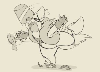 animal_hands arms_up backsash beige_background blush bucket feet fish floatzel flying_sweatdrops full_body furry gen_4_pokemon gloves highres leg_lift monochrome motion_lines multiple_tails nintendo open_mouth pokemon pokemon_(creature) pokemon_dppt simple_background solo spread_legs standing standing_on_one_leg tail teeth tripping two_tails water waving_arms