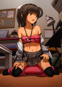1girl air_conditioner backpack bag black_thighhighs bookshelf breasts brown_eyes brown_hair bulletin_board clock clothes_down clothes_pull desk desk_lamp dressing female_focus flat_chest from_below gyaru hair_bobbles hair_ornament highres indoors jacket jewelry key kneeling lamp loli long_sleeves looking_away midriff miniskirt navel necklace nipples no_shoes off_shoulder open_clothes open_jacket open_mouth original plaid_clothes plaid_skirt ponytail randoseru rustle shirt_pull short_hair sitting sitting_on_object skirt small_areolae small_breasts small_nipples solo spaghetti_strap tan tank_top thighhighs undressing wall_clock