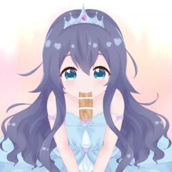 1boy 1girl age_difference animated bar_censor between_legs blonde_hair blue_dress blue_eyes blush censored collarbone dot_nose dress eyebrows eyelashes fellatio flat_chest hand_between_legs hetero kimi_no_koto_ga_dai_dai_dai_dai_daisuki_na_100-nin_no_kanojo live2d loli long_hair oldb oral pov pov_crotch princess simple_background sitting solo_focus sound strapless strapless_dress tagme tiara upper_body v_arms video yoshimoto_shizuka