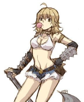 Rule 34 | 1girl, ahoge, axe, belt, bikini, bikini top only, black gloves, blonde hair, blowing bubble gum, blue shorts, breasts, brown belt, brown eyes, chewing gum, chiya (beastbeast), cleavage, commentary request, contrapposto, cowboy shot, fingerless gloves, fur-trimmed shorts, fur trim, gloves, holding, holding axe, looking at viewer, medium breasts, medium hair, ragnarok online, short shorts, shorts, simple background, solo, swimsuit, white background, white bikini, whitesmith (ragnarok online)