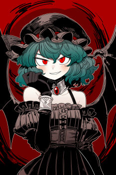1girl alternate_costume aqua_hair bare_shoulders bat_wings bollzzalguy collarbone curly_hair dress gem grin hair_between_eyes hand_up hashtag-only_commentary highres looking_at_viewer medium_hair red_eyes red_gemstone remilia_scarlet smile solo teeth touhou upper_body wings