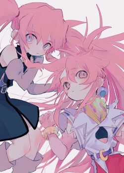 2girls absurdres arche_klein bare_shoulders belt blue_dress blue_eyes blush boots bracelet commentary_request dress earrings elbow_gloves gloves grey_boots grey_gloves highres jewelry long_hair looking_at_viewer lying multiple_girls nancykittyu on_back on_side pants pink_eyes pink_gloves pink_hair pink_pants ponytail presea_combatir shirt simple_background sleeveless sleeveless_dress tales_of_(series) tales_of_phantasia tales_of_symphonia twintails white_background white_shirt wide_ponytail