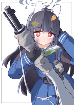 1girl absurdres ahoge animal_ears black_hair blue_archive blush ce_shii41_piku fake_animal_ears halo highres leaf leaf_on_head long_hair long_sleeves looking_at_viewer miyako_(blue_archive) miyu_(blue_archive) pantyhose rabbit_ears red_eyes school_uniform skirt solo weapon