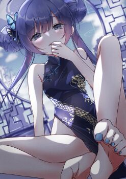 1girl absurdres architecture bare_legs bare_shoulders barefoot black_dress black_hair blue_archive blue_nails blue_sky blunt_bangs blush breasts butterfly_hair_ornament china_dress chinese_clothes commentary day double_bun dragon_print dress dutch_angle east_asian_architecture eyes_visible_through_hair feet finger_in_own_mouth full_body furrowed_brow grey_eyes grey_halo hair_between_eyes hair_bun hair_ornament halo hand_up highres indoors kaorun_(momiji_hourensou) kisaki_(blue_archive) knees_apart_feet_together long_hair looking_at_viewer nail_polish pelvic_curtain print_dress ring_of_light_(blue_archive) round_window sitting sky sleeveless sleeveless_dress small_breasts soles solo toe_scrunch toenail_polish toenails toes tsurime twintails window