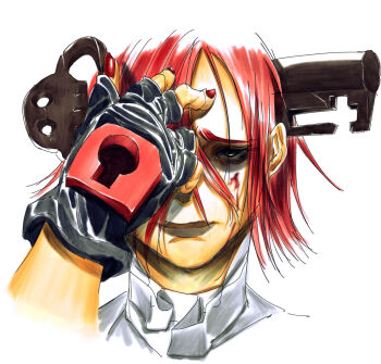 1girl a.b.a bandaged_neck bandages black_gloves black_lips blood blood_on_face commentary_request cropped_shoulders fingerless_gloves gloves green_eyes guilty_gear hair_over_one_eye hand_on_own_face hand_up highres key key_in_head keyhole looking_at_viewer nail_polish object_through_head one_eye_covered portrait raised_inner_eyebrows red_hair red_nails short_hair simple_background solo storyteller777 straight-on white_background