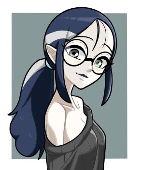 1girl absurdres blue_hair glasses grey_hair heterochromia highres lilith_clawthorne long_hair looking_at_viewer n_k_m off_shoulder pointy_ears simple_background smile solo sweater the_owl_house