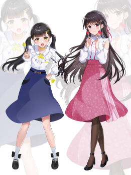 2girls ankle_socks black_hair black_pantyhose black_shoes blue_skirt brown_hair buttons character_request choker closed_mouth clothing_cutout commentary_request copyright_request dart full_body hair_ornament hair_ribbon hairclip hand_on_own_hip hands_up highres holding_dart long_hair long_sleeves looking_at_viewer multiple_girls niwata0 official_art open_mouth pantyhose pink_eyes pink_skirt ribbon shirt shoes shoulder_cutout signature skirt socks twintails white_background white_shirt white_socks yellow_choker yellow_eyes zoom_layer