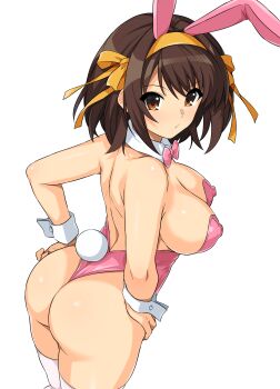 1girl absurdres animal_ear_hairband animal_ears ass backless_leotard bow bowtie breasts brown_eyes brown_hair covered_erect_nipples fake_animal_ears hairband hands_on_own_hips haruhisky highres large_breasts leotard looking_back orange_hairband pink_bow pink_bowtie pink_leotard playboy_bunny rabbit_ear_hairband rabbit_ears rabbit_tail short_hair simple_background solo suzumiya_haruhi suzumiya_haruhi_no_yuuutsu tail thighhighs white_background white_thighhighs