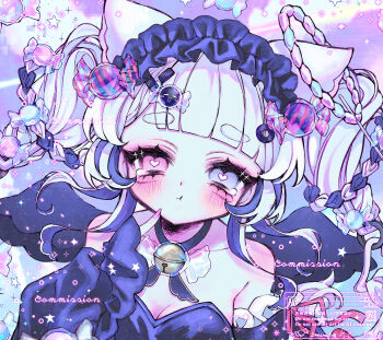 1girl animal_ears aoi_bansoko bell blush breasts cat_ears commentary_request heart heart-shaped_pupils highres looking_at_viewer multicolored_hair original pink_eyes sensitive solo symbol-shaped_pupils virtual_youtuber white_hair wings