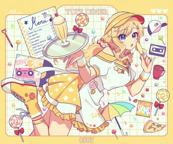 Rule 34 | 1girl, absurdres, album cover, alternate costume, alternate hairstyle, apron, artist name, badge, bare shoulders, baseball cap, birthday, blonde hair, blue eyes, border, bow, breasts, button badge, candy, cassette tape, character name, cherry, coffee, commentary request, container, cover, cup, dated, disposable cup, dot nose, dress, drink, drinking straw, eating, english text, food, foot out of frame, frilled dress, frills, from side, fruit, grk 11601, hair ornament, hair scrunchie, hands up, hat, heart, highres, holding, holding candy, holding food, holding lollipop, holding tray, ice cream, ice cream float, idolmaster, idolmaster cinderella girls, leaning, leaning forward, lollipop, long hair, looking at viewer, looking to the side, low twintails, medium breasts, menu, mug, nail polish, ohtsuki yui, open mouth, orange nails, outside border, parted lips, pen, pizza, red bow, scrunchie, shoes, short sleeves, sidelocks, socks, solo, standing, standing on one leg, tin (container), tongue, tray, twintails, umbrella, vinyl record, visor cap, waitress, wavy hair, white apron, wrist cuffs, yellow border, yellow hat, yellow shoes