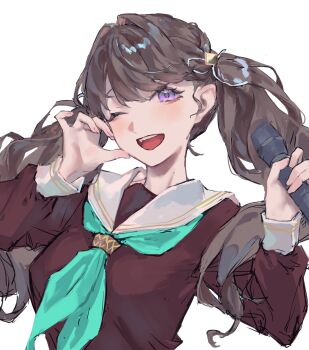 Rule 34 | 1girl, aqua neckerchief, breasts, brown dress, brown hair, commentary request, dress, fujishima megumi, hair ribbon, half-heart hands, hasu no sora school uniform, highres, holding, holding microphone, link! like! love live!, lone nape hair, long sleeves, looking at viewer, love live!, medium breasts, microphone, neckerchief, official alternate hairstyle, on your mark (love live!), purple eyes, ribbon, saidamoosu, sailor collar, sailor dress, school uniform, simple background, solo, teeth, twintails, upper body, upper teeth only, virtual youtuber, white background, white ribbon, white sailor collar, winter uniform