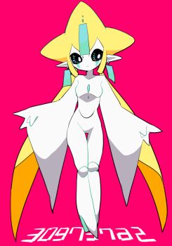 1girl atomic15 black_eyes blonde_hair bright_pupils closed_mouth earrings full_body gen_3_pokemon jewelry jirachi joints legendary_pokemon long_hair looking_at_viewer low_twintails mechanization mythical_pokemon nintendo no_nose pink_background pointy_ears pokemon robot_joints solo twintails very_long_hair white_pupils