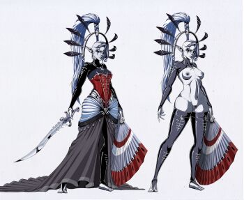 1girl blue_eyes breasts cleft_of_venus clothes_on_and_off crop_top dress dual_wielding earrings eldar facial_mark female_pubic_hair folding_fan full_body hand_fan highres holding holding_fan holding_sword holding_weapon jewelry lewdanon long_dress long_sleeves medium_breasts mohawk multiple_views necklace nipples nude pointy_ears pubic_hair pussy spread_toes standing sword thighhighs toes turtleneck warhammer_40k weapon white_hair yvraine