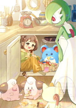 1girl bob_cut cleffa colored_skin cookie ditto dress eating food food_on_face gardevoir gen_1_pokemon gen_2_pokemon gen_3_pokemon green_hair green_skin highres kitchen marill meowth multicolored_skin nintendo open_mouth pink_eyes pink_skin piyokonoenikki_04 pokemon pokemon_(creature) smile transformed_ditto two-tone_skin watermark white_dress white_skin