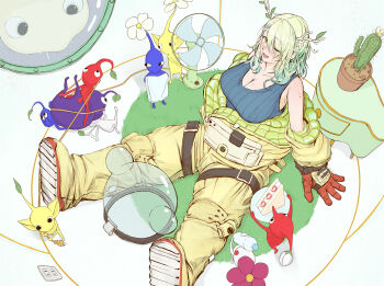 1girl antlers arm_rest blue_pikmin bottle bulborb cactus cake cake_slice ceres_fauna cosplay electric_fan electrical_outlet entangled exhausted fishbowl_helmet food green_hair highres hololive hololive_english horns long_hair nintendo olimar olimar_(cosplay) partially_undressed pikmin_(series) purple_pikmin red_pikmin siobell spacesuit sweat virtual_youtuber water_bottle white_pikmin yellow_eyes yellow_pikmin